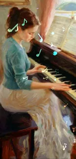 Artistic wallpaper of a woman playing piano.