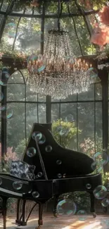 Elegant grand piano under chandelier in a lush glasshouse setting with bubbles.