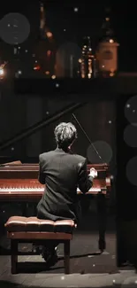 Pianist playing under dim lighting in an elegant, moody setting.