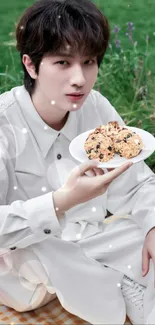 Elegant portrait with cookies outdoors in nature.