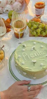 Picnic table with green cake, fruits, and flowers.