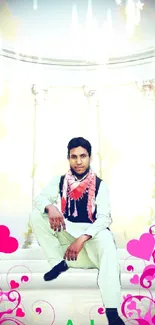 Person seated among white pillars with floral decorations.