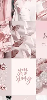 Elegant pink aesthetic collage wallpaper with roses and butterflies.