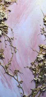 Elegant pink and gold wallpaper with floral design.