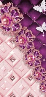 Pink and purple floral wallpaper with diamond details and butterflies.