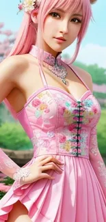 Anime character in pink dress with floral background.