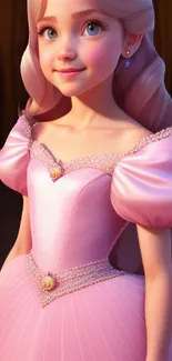 Animated girl in an elegant pink ball gown with sparkling details.