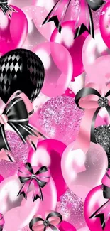 Pink and black balloon wallpaper with bows and sparkles.