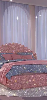 Elegant pink bedroom decor with a luxurious bed and shimmering accessories.