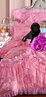 Pink bedspread with dolls and pillows.