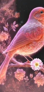 Pink bird with floral elements on a dark background.