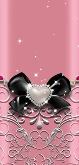 Elegant pink wallpaper with black bow and heart design.