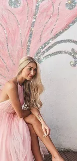 Woman in pink dress with butterfly wing mural.