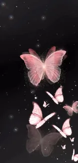 Elegant pink butterflies on a black background for mobile wallpaper.