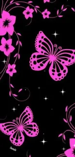 Elegant pink butterfly and floral design on a dark background.