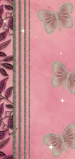 Elegant pink wallpaper with butterflies and floral design.