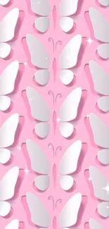 Elegant wallpaper with white butterflies on a pink background.