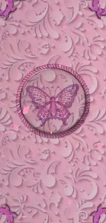 Pink butterfly wallpaper with floral patterns.