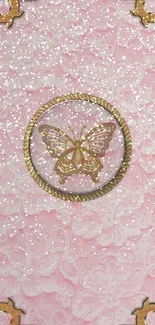 Elegant pink wallpaper with gold butterfly design.