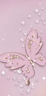 Pastel pink wallpaper with jeweled butterfly.