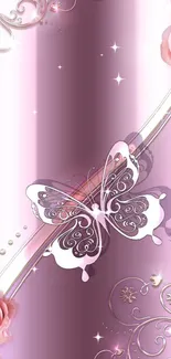 Pink wallpaper with butterfly and roses design.