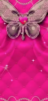 Elegant mobile wallpaper with pink butterfly and heart design.