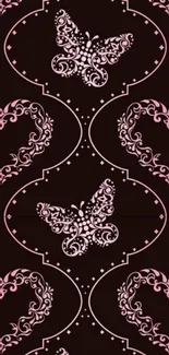 Pink butterfly and heart pattern wallpaper on dark background.