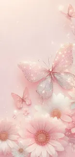 Elegant pink butterfly wallpaper with flowers.