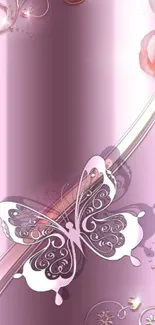 Elegant pink butterfly wallpaper with roses and floral design.