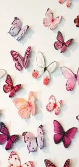 Mobile wallpaper with pink and purple butterflies.