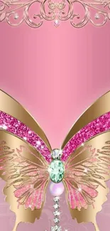 Luxurious pink butterfly with gold and sparkles on mobile wallpaper.