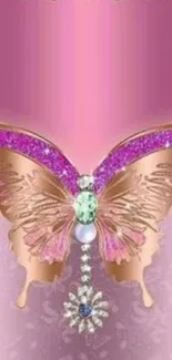 Pink butterfly wallpaper with sparkling jewels and elegant pattern.