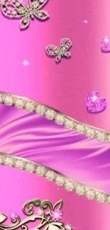 Elegant pink mobile wallpaper with butterflies and floral jewels.