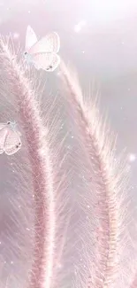 Delicate pink butterflies among soft feathery plants on a light pink background.