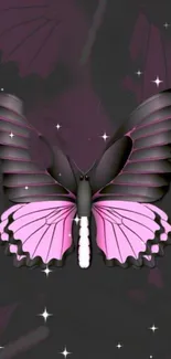 Elegant pink butterfly with dark background and stars.