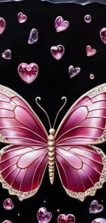 Elegant mobile wallpaper with pink butterfly and hearts on black background.