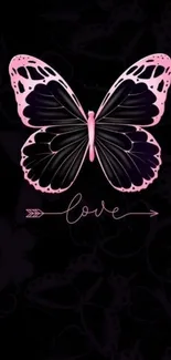 Pink butterfly wallpaper with 'love' text on black background.