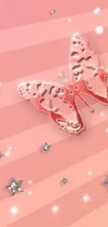 Pink butterfly and stars on a striped background.