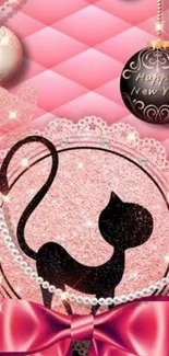 Elegant pink cat wallpaper with glitter and pearls.