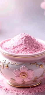Exquisite pink ceramic bowl with floral design and powder.