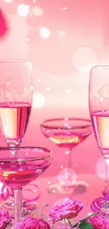 Pink champagne setting with glasses and festive decor.