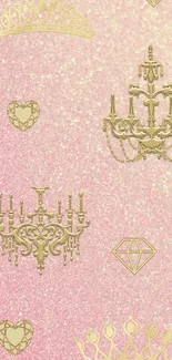 Elegant pink wallpaper with gold chandeliers, diamonds, hearts, and crowns.