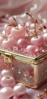 Elegant pink cherries in a gold box wallpaper.