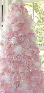 Elegant pink Christmas tree with decorations in pastel tones.