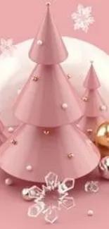 Elegant pink Christmas tree wallpaper with festive ornaments.