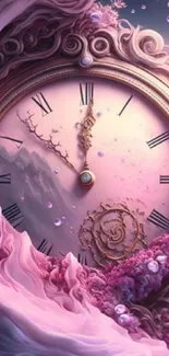 Elegant vintage pink clock with ornate floral design on phone wallpaper.