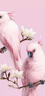 Two elegant pink cockatoos on branches with a pastel background.