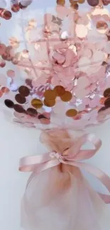 Rose gold balloon with confetti details and silk ribbon.