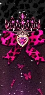 Pink leopard print wallpaper with crown and butterflies.