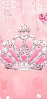 Elegant pink crown with jewels and hearts on a mobile wallpaper background.